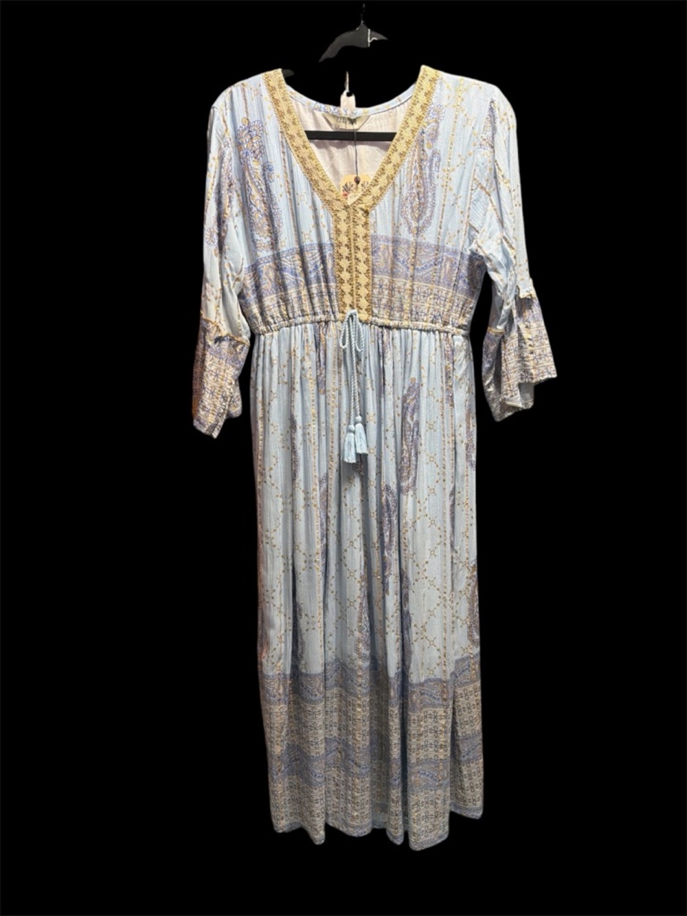 New Light Blue Paisley Boho Maxi Dress with Gold Trim Accents
